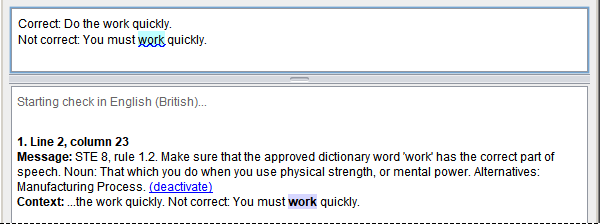 The STE term checker finds the word 'work' if it is a verb