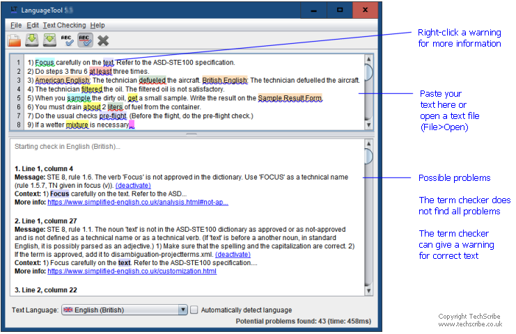 Term checker with sample text