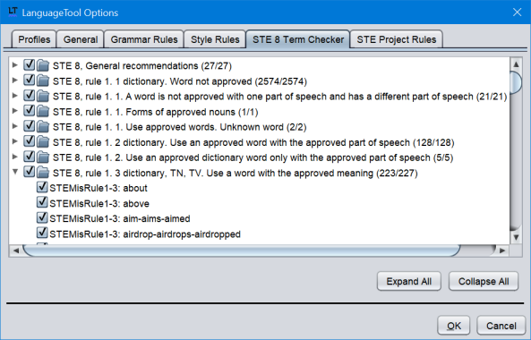 Select and deselect rules in the STE 8 Term Checker tab.