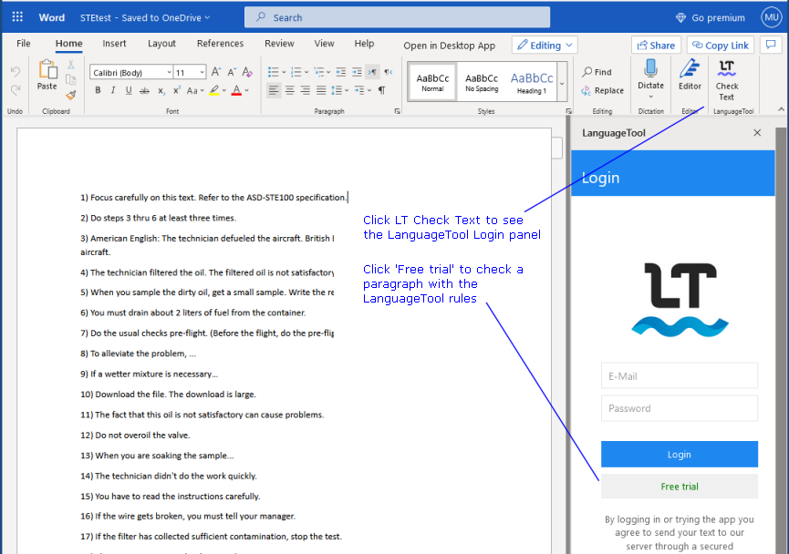 Word Online with the LanguageTool add-in